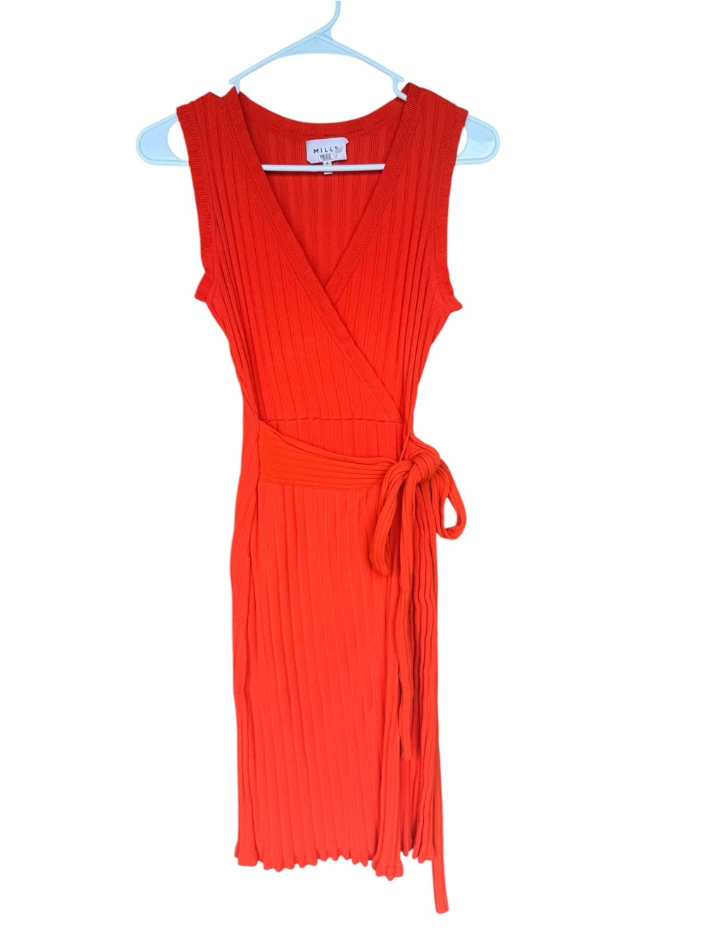 MILLY Persimmon Bold Orange V-Neck Rib Knit Wrap Dress - Picture 2 of 9